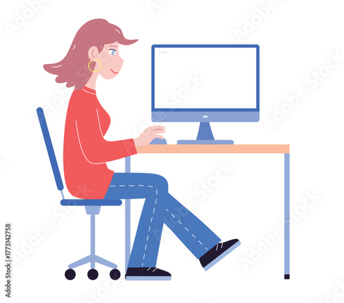 Office or freelancer girl or young woman designer working with the blank computer monitor screen illustration isolated vector flat design
