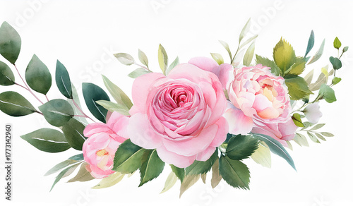 Watercolor illustration of pink roses and green leaves on white