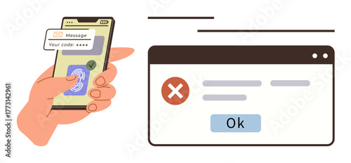 Hand scanning fingerprint on smartphone for security, next to an error popup in a web browser. Ideal for cybersecurity, authentication, technology, apps, user interface, data protection, simple flat