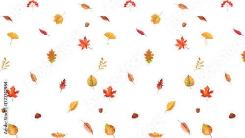 Watercolor autumn foliage pattern with falling leaves and acorns for harvest season design and decoration