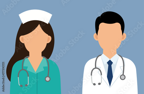 Flat vector illustration of a female nurse and male doctor in medical uniforms with stethoscopes on a blue background