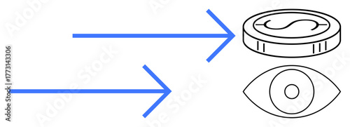 Two arrows pointing toward a coin and an eye, representing monetary direction, vision, focus, progression, and surveillance. Ideal for finance, marketing, planning strategy analytics transparency