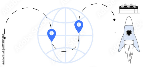 Globe with waypoints and paths, rocket launching upright, ascending graph. Ideal for innovation, logistics, technology, worldwide expansion, startup progress growth. A simple flat metaphor