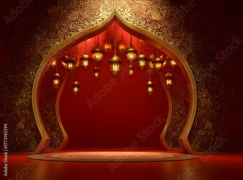 Elegant Islamic Archway with Hanging Lanterns and Rich Red Curtains.