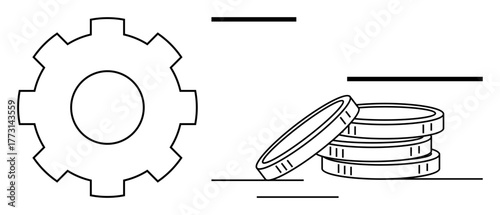 Gear symbol paired with stacked coins conveys themes of financial management, efficiency, economic growth. Ideal for investment, productivity, strategy, industry, innovation, simple flat metaphor