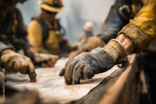 Wildland Firefighters Joining Puzzle Pieces Over Fireline Map, Emergency Response Collaboration, Incident Command Teamwork, Strategy And Planning, Wildfire Operations, Safety Coordination