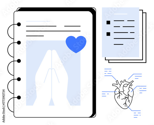 Open notebook with praying hands and heart icon, additional notes, and anatomical heart diagram. Ideal for wellness, spirituality, medical studies, mindfulness, education, symbolism minimalism