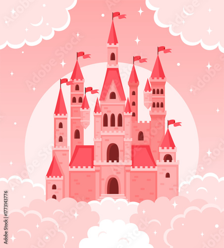 Pink princess castle in clouds and stars.