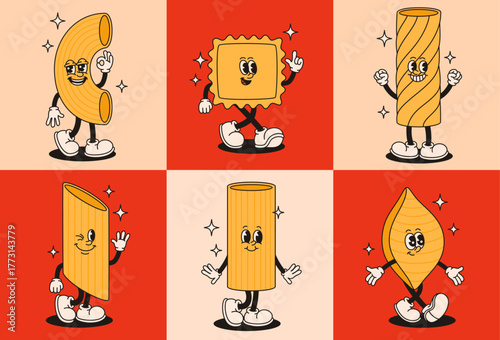 Set of groovy pasta characters in retro style.