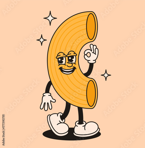 Mascot pasta character in retro groovy style.