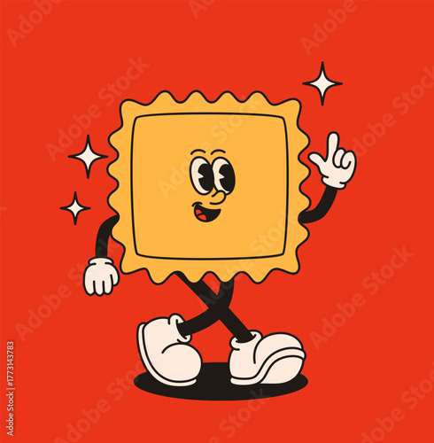 Groovy pasta ravioli character in retro style.