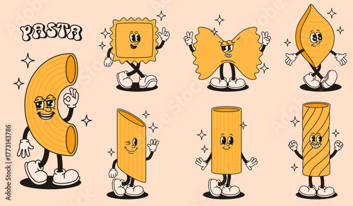 Mascot pasta characters in retro groovy style.