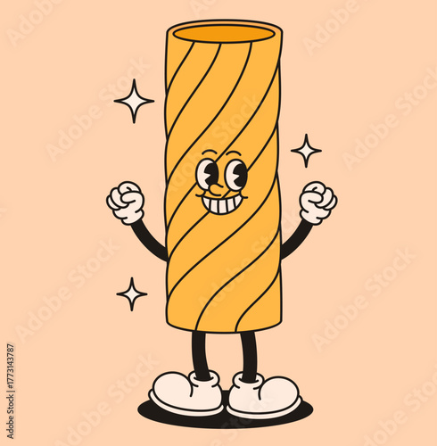 Groovy pasta tortiglioni character in retro style.