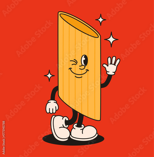 Groovy pasta penne character in retro style.