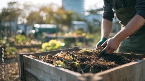 Wallpaper Mural Hands in gloves are seen working with compost and soil in a wooden raised bed, surrounded by greenery and blurred cityscape. The image captures eco friendly urban gardening and organic farming methods Torontodigital.ca