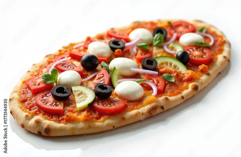 © Viktor - Oval pizza sits on white surface. Fresh tomatoes, mozzarella, black olives, red onion, cucumber, basil adorn crispy crust. This colorful, healthy Italian meal is perfect for lunch, dinner or snack.