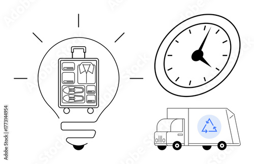 Light bulb with organized suitcase, clock symbolizing time management, truck with recycling sign. Ideal for travel, packing, time management, sustainability, innovation, eco-conscious delivery