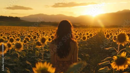 Woman standing in a sunflower field at sunset.