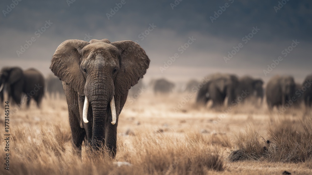 Fototapeta premium Majestic Elephant Encounter in African Savannah, Captivating Wildlife Photography