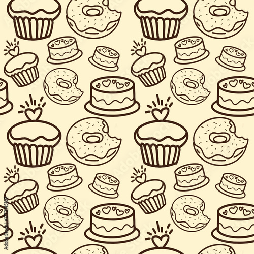 Pastry, sweet bakery seamless pattern with baked goods. Confectionery baking design. foods seamless pattern background vector illustration, A hand-drawn pattern of sweets