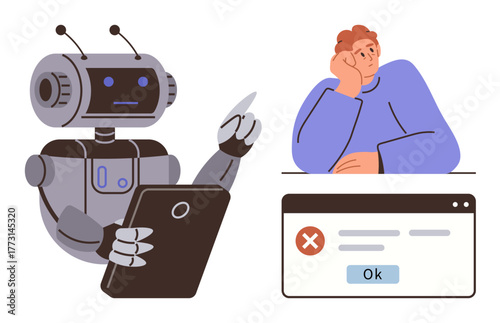 Robot using tablet, human contemplating AI-generated outcomes, error message in browser. Ideal for AI ethics, human-robot interaction, decision-making, technology issues, problem-solving, data