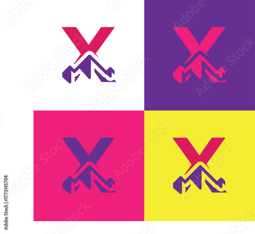 The image shows a flat logo design of an initial letter X with a mountain peak as the focal element in bright color combination