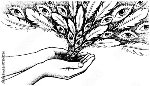 Surreal black and white illustration of human hands releasing feathers with eyes, symbolic engraving of awareness, vision, and freedom.