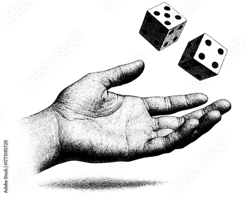 Black and white engraving of a human hand tossing two dice, vintage surreal illustration symbolizing fate, chance, and destiny.