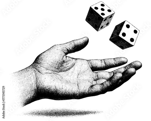 Black and white engraving of a human hand tossing two dice, vintage surreal illustration symbolizing fate, chance, and destiny.