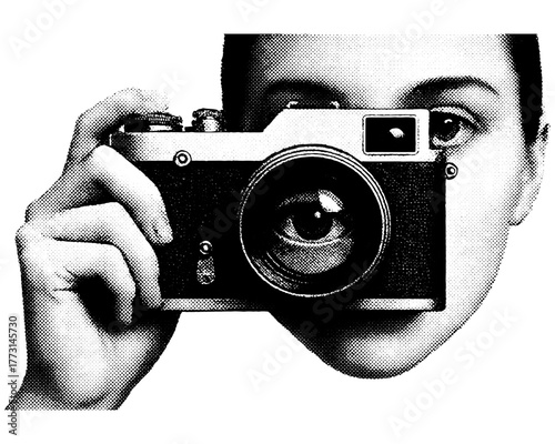 Surreal collage of a woman holding a vintage camera with a human eye in the lens, black and white engraving, isolated on transparent background.