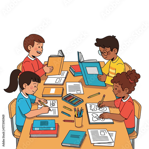 Creative Minds at Work: Children immersed in learning, gathered around a table filled with books, pencils, and vibrant drawings. Capturing the joy of knowledge and the power of youthful curiosity.