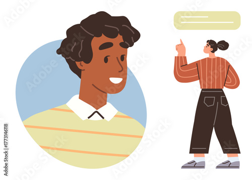 Portrait of smiling individual and another person pointing towards a text box, suggesting communication, education, or interaction. Ideal for teamwork, discussion, learning, collaboration
