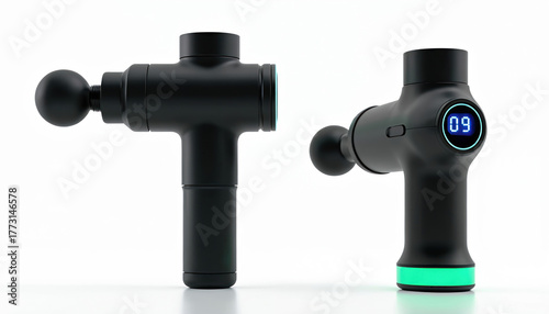 Two black handheld massage guns with different views. One shows detachable round head, other displays digital display screen with speed 09. Green light on base. Isolated on white background.