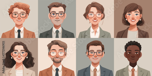 Variedade de rostos sorridentes em estilo vetor, ideal para comunicação empresarial e representação de equipes globais.