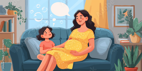 Uma mãe grávida e sua filha pequena compartilham um momento doce e de carinho no conforto de sua sala de estar, imaginando o futuro com o novo membro da família.