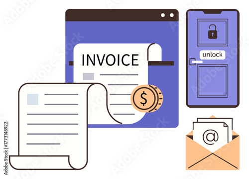 Invoice documents, financial coin, secure door with lock and unlock label, email in envelope. Ideal for finance, online payments, security, communication business billing digital workflow. A