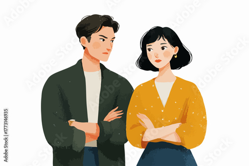 Um casal jovem com expressões sérias e braços cruzados, simbolizando desacordo ou uma conversa difícil, em uma ilustração vetorial moderna.