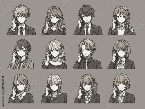 Uma coleção diversificada de personagens de anime, masculinos e femininos, em estilo monocromático, todos falando ao telefone.