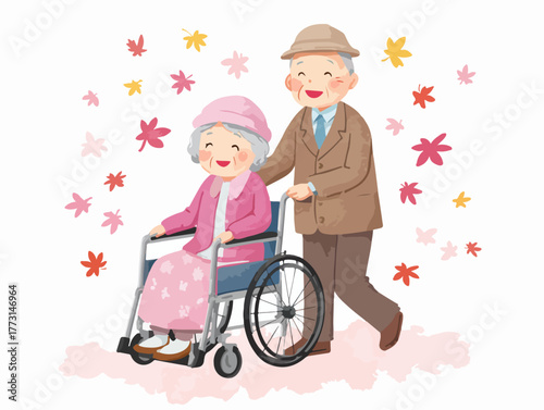 Um casal idoso feliz desfruta de um passeio de outono, com o marido carinhosamente empurrando sua esposa em uma cadeira de rodas, cercados por folhas coloridas.