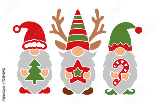 Three funny Christmas gnomes vector illustration. Santa, deer and elf gnome. Cute design for prints, invitations, greeting cards, banners, posters. Template for plotter cutting
