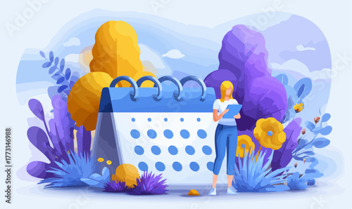 Cenário vetorial vibrante com mulher organizando compromissos em um calendário gigante, cercada por folhagens e flores, representando planejamento e produtividade.