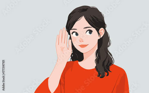 Uma mulher jovem com expressão curiosa e mão na orelha, simbolizando a importância de ouvir e a comunicação atenta.