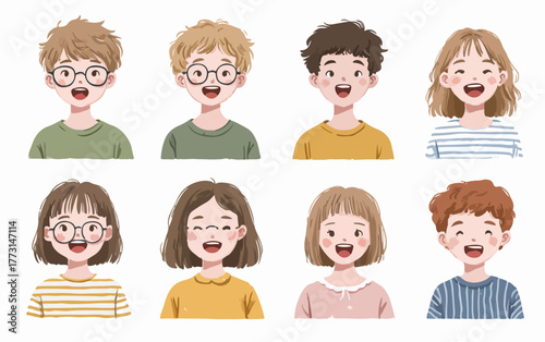 Uma coleção vibrante de avatares vetorizados de jovens felizes e diversos, apresentando diferentes estilos e personalidades com alegria.