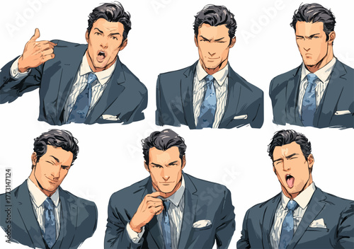 Retratos vetoriais de um homem de negócios elegante exibindo uma gama dinâmica de emoções e posturas profissionais.