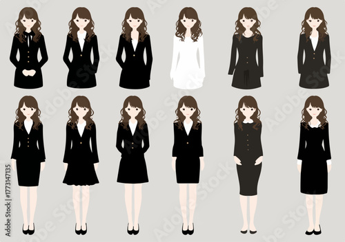 Representações visuais de mulheres em trajes executivos e sociais, ilustradas em vetor, oferecem versatilidade para projetos gráficos e de comunicação.