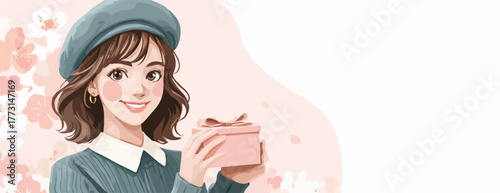 A jovem sorridente com boina azul-esverdeada segura uma caixa de presente rosa delicada em um fundo floral suave, transmitindo alegria e celebração.