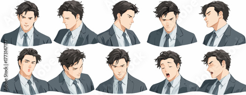 O vetor de um jovem empresário asiático com diversas expressões faciais e poses de cabeça, ideal para projetos de comunicação e design.
