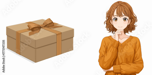 Ilustração vetorial de uma mulher pensativa e uma caixa de presente, simbolizando escolhas e celebrações especiais.