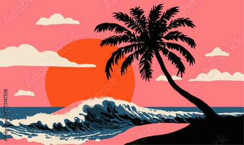 Cena idílica de pôr do sol tropical com palmeira escura e ondas do mar quebrando suavemente na praia rosada.