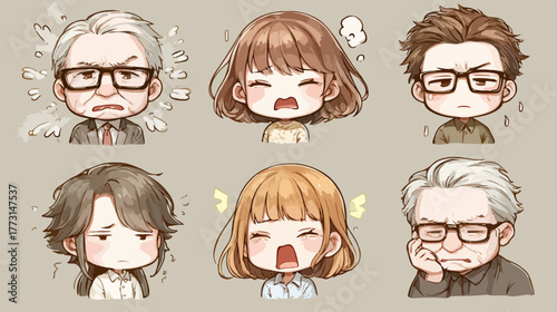 Conjunto de ilustrações chibi de pessoas, jovens e idosas, exibindo uma gama de emoções humanas negativas como raiva, frustração e preocupação.
